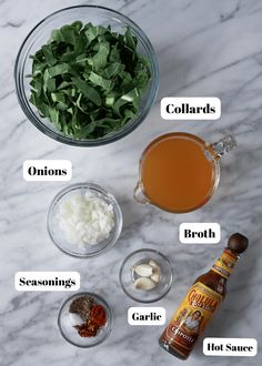 ingredients to make spinach soup laid out on a marble counter top