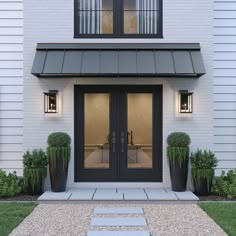 Modern Exterior Back Doors, Double Door Awnings Exterior, White Craftsman Exterior With Black Trim, French Glass Doors Patio, Modern French Doors Exterior Entrance, Basement Double Doors Exterior, Back Patio Doors Exterior, Black Exterior French Doors, Farmhouse French Doors Exterior