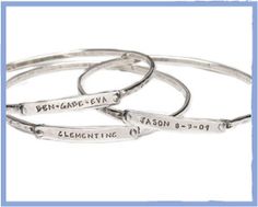 I would love this! Stackable Friendship Bangle Bracelets, Stackable Bangle Bracelets For Friendship, Customizable Bangle Jewelry For Friendship, Trendy Personalized Sterling Silver Bracelets, Hand Stamped Bangle Jewelry, Adjustable Silver Customizable Bangle, Nickel Free Adjustable Everyday Bangle, Adjustable Nickel-free Bangle For Everyday, Personalized Bangle For Friendship