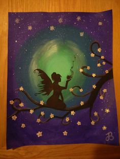 a painting of a fairy sitting on a tree branch with stars and moon in the background