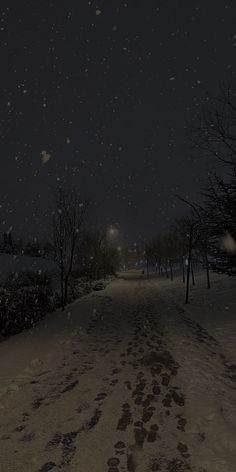 a snowy night with footprints in the snow