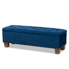 Hannah Modern and Contemporary Navy Blue Velvet Fabric Upholstered Button-Tufted Storage Ottoman Bench FredCo Blue Storage Ottoman, Grey Storage Ottoman, King Furniture, Blue Velvet Fabric, Grey Storage, Tufted Storage Ottoman, Navy Blue Velvet, End Of Bed Bench, Modern Upholstery