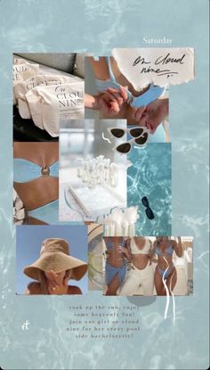 a collage of photos with people in the water and one woman wearing a hat