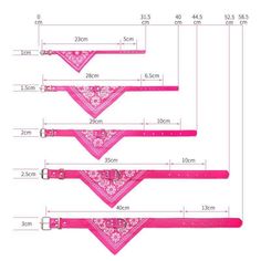 three different sizes of pink bandannas are shown with measurements for each item in the diagram