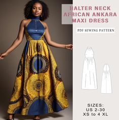 Digital sewing pattern for HALTER NECK AFRICAN ANKARA  MAXI DRESS ✔️ US Sizes: 2, 4, 6, 8, 10, 12, 14, 16, 18, 20, 22, 24, 26, 28, 30 ✔️ Standard sizes: XS, S, M, L, XL, 2XL, 3XL, 4XL/5XL ✔️These templates are suitable for A4, A0 and US Letter size paper. When you purchase this pattern, you will receive a digital (pdf) sewing pattern and instructions. Once your payment processes, you will automatically receive a download links of pattern files. If you have any problem accessing the files, please Traditional Dress African, Wax Print Dress, Ankara Maxi Dress, Dress Traditional, Best African Dresses, Halter Neck Dress, Dress African, African Ankara, Ankara Dress