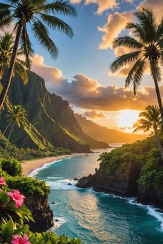 the sun is setting over an ocean with palm trees and flowers in front of it