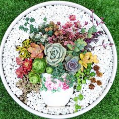 a white bowl filled with lots of different types of flowers on top of green grass