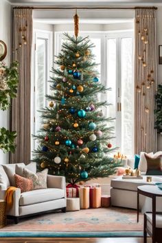 a living room with a christmas tree in the corner and other decorations on the windowsill