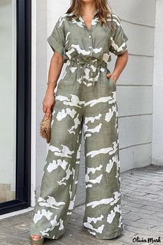 Olivia Mark - Chic Geometric Print Jumpsuit with Button Detail and Turndown Collar Spring Khaki Short Sleeve Jumpsuits And Rompers, Green Button-up Jumpsuits And Rompers, Overalls Casual, Wide Leg Romper, Laced Up Shirt, Loose Jumpsuit, Plus Size Jumpsuit, Turndown Collar, Printed Jumpsuit