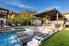 a backyard with a pool and patio furniture