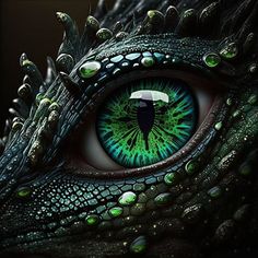 the eye of a dragon with green and blue colors on it's irises