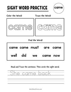 sight word practice worksheet with the words came and came back written in black