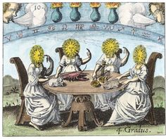 four women sitting at a table with flowers in their hair, surrounded by five doves