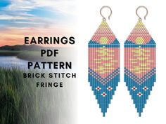 Pink Sunset Mountain Lake River Seed Bead Fringe Earring Pattern, Landscape Nature, Brick Stitch Sun, Sunshine, Sunlight on Water, Digital - Etsy Canada Sunlight On Water, Fringe Earring Pattern, Seed Bead Patterns Free, Pink Landscape, Sunrise Nature, Fringe Earring, Pattern Landscape, Bead Fringe, Landscape Mountain