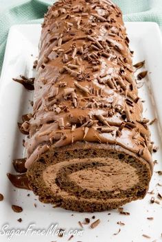 a chocolate cake roll on a white plate