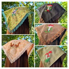 "Handmade cotton triangle kerchief head scarf with lace and ties/  Cute frog/ Squirrel/ Mushroom/ Cottagecore bandana embroidered. Garden gift for Mom/ Grandma/ Great Grandma/ Sister.  - Kerchief head scarf SIZE. APPROX.  11\"×20\" (28×50 cm) plus the length of the ties. - Hair kerchief/ scarf/ bandana  MATERIALS.   Cotton fabric, brown corduroy, cotton ties,  lace ribbon, machine embroidery. ●● Please for custom embroidery contact us. We have over 1000 embroideries:  animals, dogs, cats, toads, flowers, fish, birds, Christmas, Halloween, Birthday.  STYLE. Dark Academia/ Cottagecore Grunge Fairycore/ Whimsigoth Hobbitcore/ Gremlincore  Goblincore/ Woodland  Forestcore/ Naturecore Fairy Grunge/ Fairy core  Cottagecore clothes Mori Kei Girl clothing Coquette Whimsical  Frogcore/ Mushroomcore One Size Cotton Scarves For Festivals, Bohemian Cotton Headscarf For Festivals, Handmade Cotton Festival Scarves, Whimsigoth Hair, Kidcore Clothing, Cotton Head Scarf, Kerchief Hair, Triangle Head, Hair Bandana