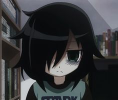 an anime character with black hair and green eyes standing in front of bookshelves