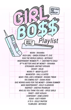 the girl boss's playlist is shown in pink and blue, with words above it