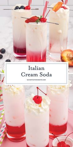 italian ice cream sodas with strawberries and cherries