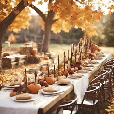 a long table is set up with pumpkins, candles and other decorations for an outdoor dinner