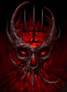 a demonic skull with red eyes and horns