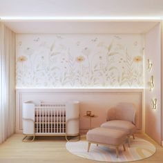 a baby's room with a white crib and flower wallpaper on the walls