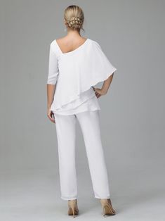 Half Sleeves Chiffon Mother Of The Bride Dress Pant Suits Elegant White V-neck Set, White V-neck Party Set, Summer Formal Chiffon Sets, Summer Formal V-neck Sets, Elegant V-neck Party Sets, White Georgette Sets For Evening, White Georgette Evening Sets, Summer Evening V-neck Set, White V-neck Pantsuit For Party