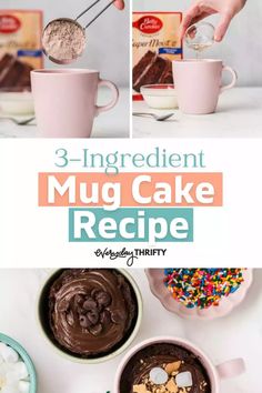 three ingredient mug cake recipe with chocolate frosting and sprinkles