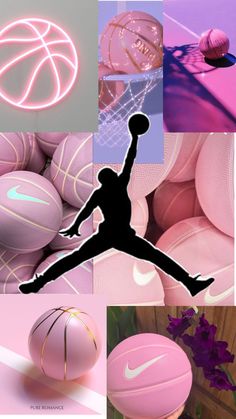 a collage of pink and purple images with basketballs, balls, and flowers