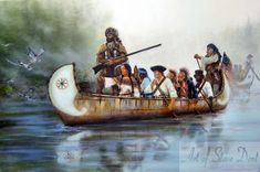 an oil painting of people in a canoe