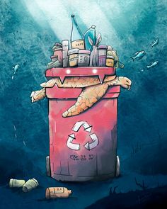 an illustration of a garbage can with plastic bottles and other items in it on the ocean floor