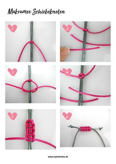 instructions to make a heart - shaped bracelet with pink thread and hearts on the end