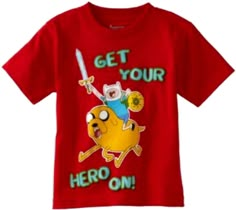 a red t - shirt that says get your hero on with an image of finn from adventure time