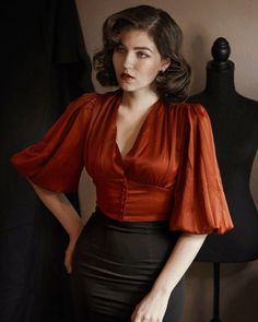 Free shipping on orders over $69. Shop the balloon sleeve top - brick red balloon sleeve top, red balloon sleeve top, black balloon sleeve top - xs,s,m,l,xl at RIHOAS. Retro Blouse, Mode Hippie, Satin Crop Top, Retro Mode, Crop Top Blouse, Crop Blouse, Brick Red, Mode Vintage, Mode Inspiration