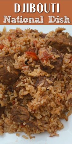 Overhead image of a rice and meat dish with seasonings with Pinterest overlay. Djibouti Food Recipes, African Rice Dishes, Djibouti Recipes, Djibouti Food, Rice And Meat, Flavorful Rice, Potato Sandwich, African Recipes Nigerian Food, African Foods