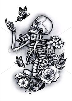 a skeleton with flowers and butterflies on it's back, holding a butterfly in its hand