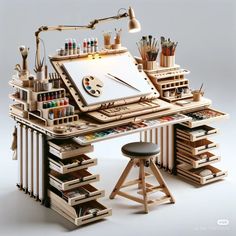 an artistic desk with lots of crafting supplies