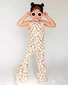 Andi Pleated Bell Bottom Jumpsuit Flower Child - Etsy Bell Bottom Jumpsuits, Boho Princess, Long Sleeve Leotard, Practice Outfits, Jumpsuit Party, Bohemian Floral, Bell Bottom Pants, Bell Bottom, Girls Rompers