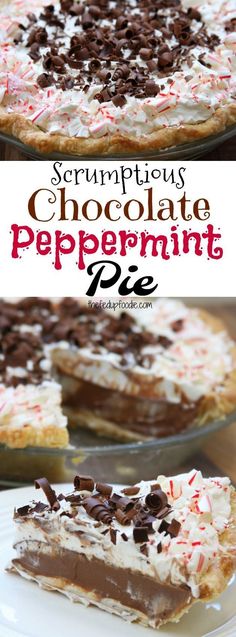 a chocolate peppermint pie on a white plate