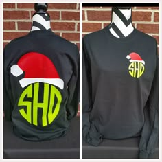 Monogrammed Santa Hat Long Sleeved Shirt. Christmas Shirt. Christmas Party Shirt. Tacky Christmas Party. Holiday Shirt. Monogrammed. by ElleQDesigns on Etsy https://www.etsy.com/listing/246727947/monogrammed-santa-hat-long-sleeved-shirt Painted Outfits, Holiday Shirt Ideas, Tacky Christmas Party, Christmas Shirt Ideas, Htv Shirts, Themed Shirts, Tacky Christmas, Christmas Party Shirts, Christmas Vinyl