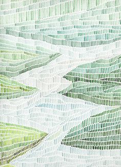 an abstract painting with green and white lines