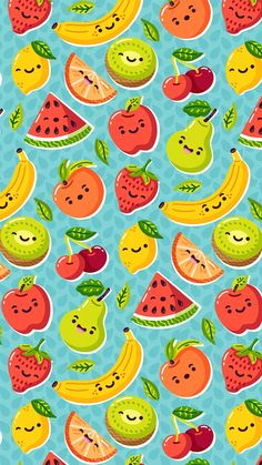 a blue background with many different fruits on it