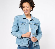 It may have been borrowed from the boys, but this stretch denim jacket feels fiercely feminine -- with the added bonus of a pretty puff sleeve. You wear it well! From Belle by Kim Gravel. Trendy Stretch Light Wash Denim Jacket, Trendy Stretch Denim Jacket For Spring, Trendy Puff Sleeve Outerwear For Spring, Spring Stretch Denim Jacket, Casual Puff Sleeve Outerwear, Casual Puff Sleeve Outerwear For Spring, Puff Sleeve Jacket, Military Blazer, Kim Gravel