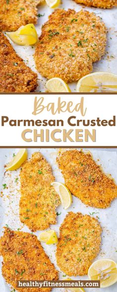 baked parmesan crusted chicken cut in half and topped with lemon wedges