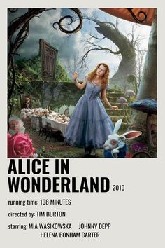 the poster for alice in wonderland is shown with an image of a woman standing next to a