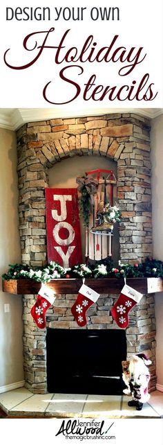 a fireplace decorated for christmas with stockings hanging from the mantle