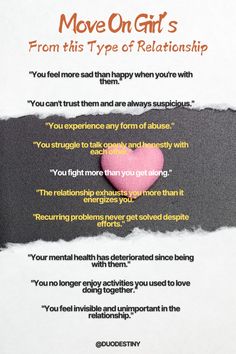 "Wondering if it's time to move on from your relationship? Look out for these key signs: emotional disconnection, lack of support, and constant unresolved issues. Recognize when it's time to prioritize your happiness and mental health. #RelationshipAdvice #MoveOn #HealthyBreakup #KnowWhenToLeave #SelfCare #LoveYourselfFirst" Toxic Psychology, Move On From A Relationship, Unresolved Issues, Lack Of Support, Narcissistic Men, Feeling Invisible, Relationships Goals, Time To Move On, Types Of Relationships