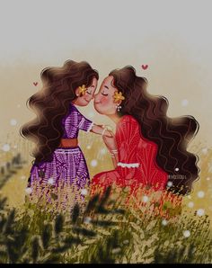 two women are kissing in the grass with hearts flying above their heads and behind them