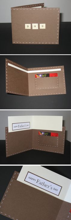 three different views of the inside of a card holder with two cards in each pocket