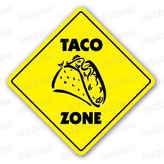 a yellow sign that says taco zone with a black and white drawing of a taco